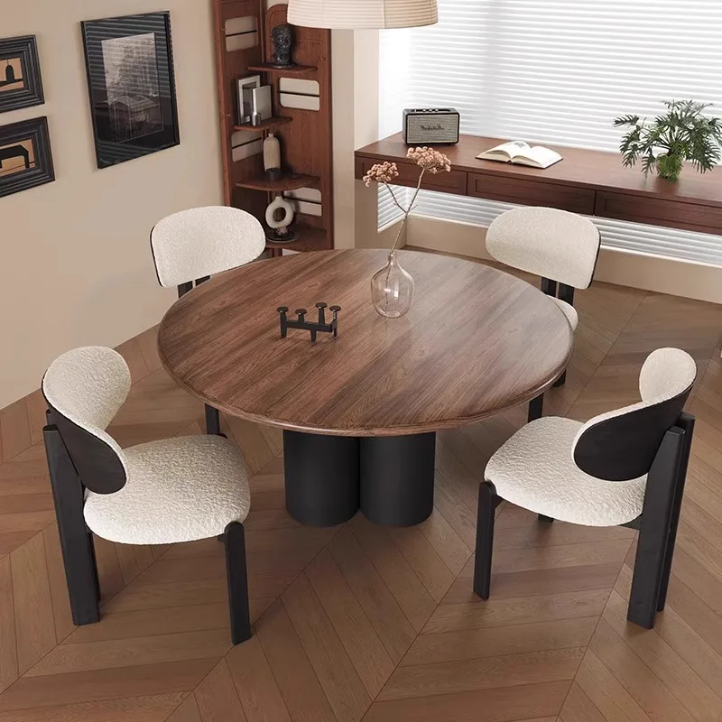 Mesa de jantar e cadeiras de madeira maciça, simples e moderna, sala de estar, jantar, banco traseiro, bolsa macia, lã de cordeiro, luz, luxo, lazer