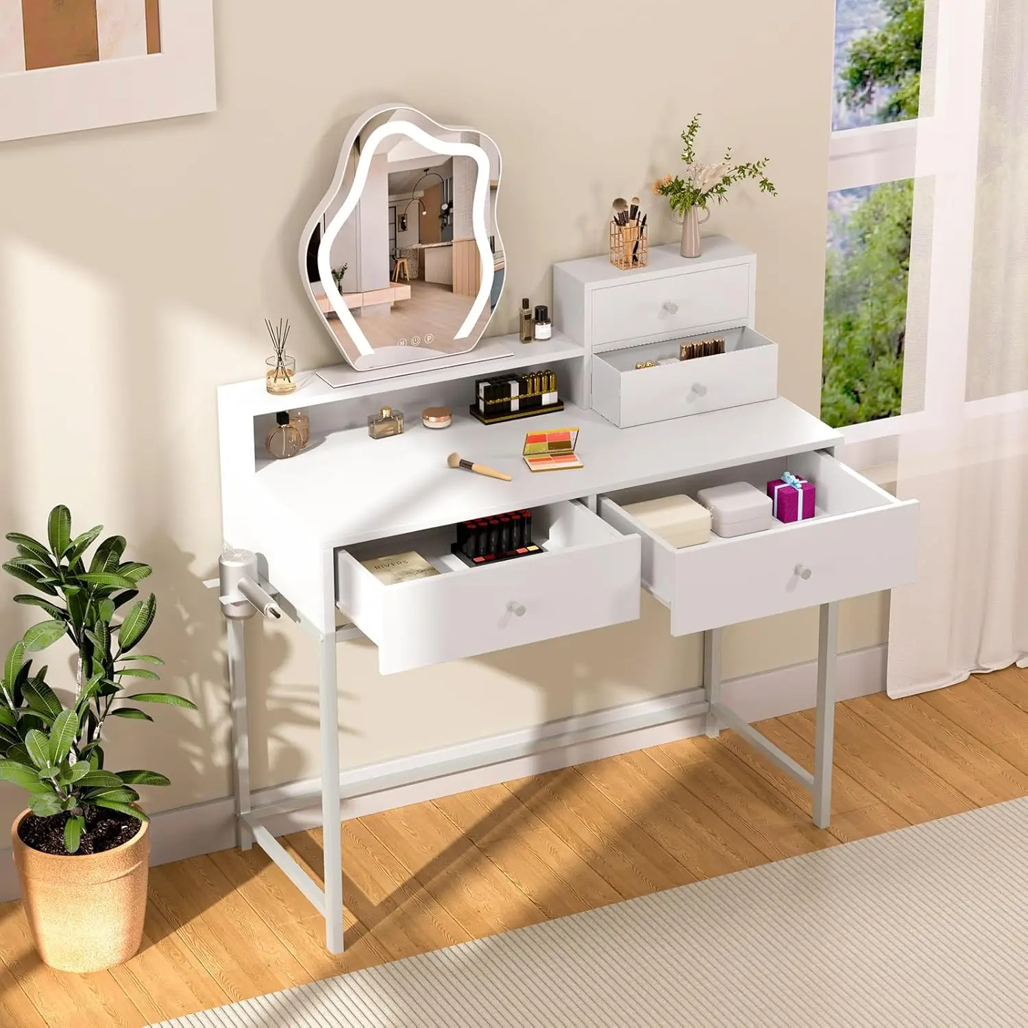 

Vanity Desk with Mirror and Lights, 31 inch White Makeup Vanity Table with 4 Drawers and 1 Storage Shelf,Vanity Dressing Table