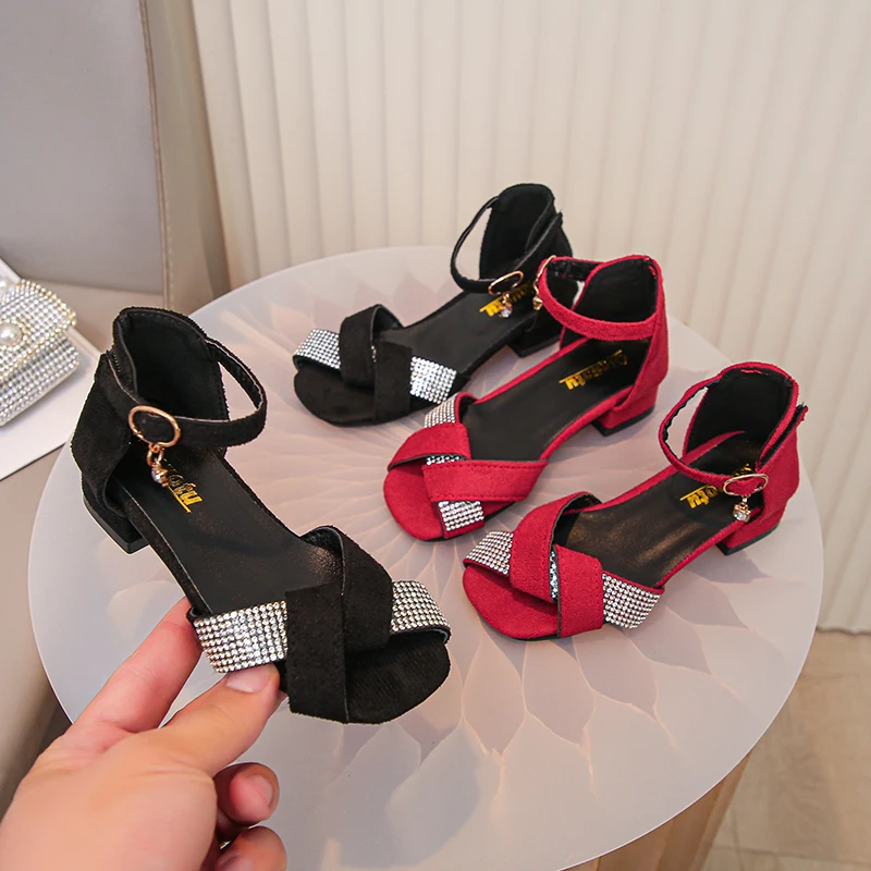 

2025 Summer Girls Sandals High Heels for Party Wedding Kids Dance Dress Shoes Chic Elegant Children Fashion Shoes Korean Style