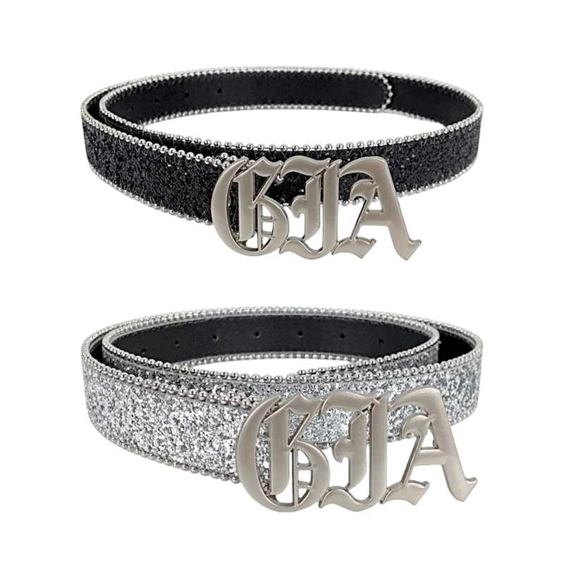 Matte Letter Buckle Belt for Women Girl Blingbling Sequined Belt Bead Trim Belt for Pants Dress Fashion Waist Dropship