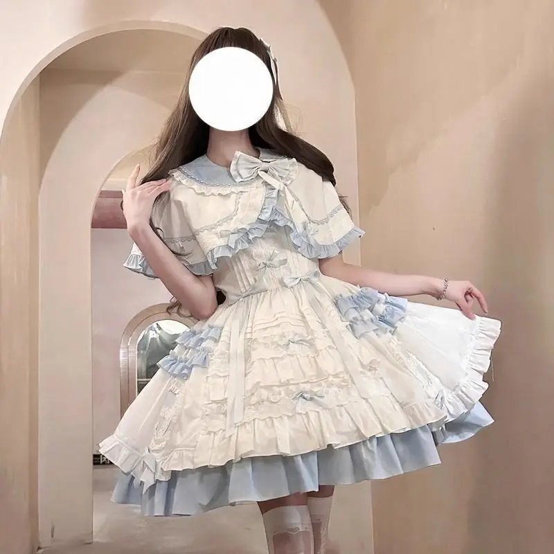 Vestido Lolita Azul JSK, Vestido de Princesa Dulce con Capa, Vestidos de Estilo Japonés, Elegante Vestido de Cumpleaños, Uniforme para Mujer, Fiesta Temática
