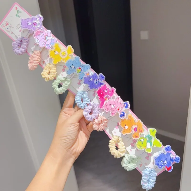

New 10Pcs Cute Cartoon Rainbow Bear Hair Tie Care Bear Ins Girly Heart Sweet Large Intestine Hair Tie Headband Headgear Gifts