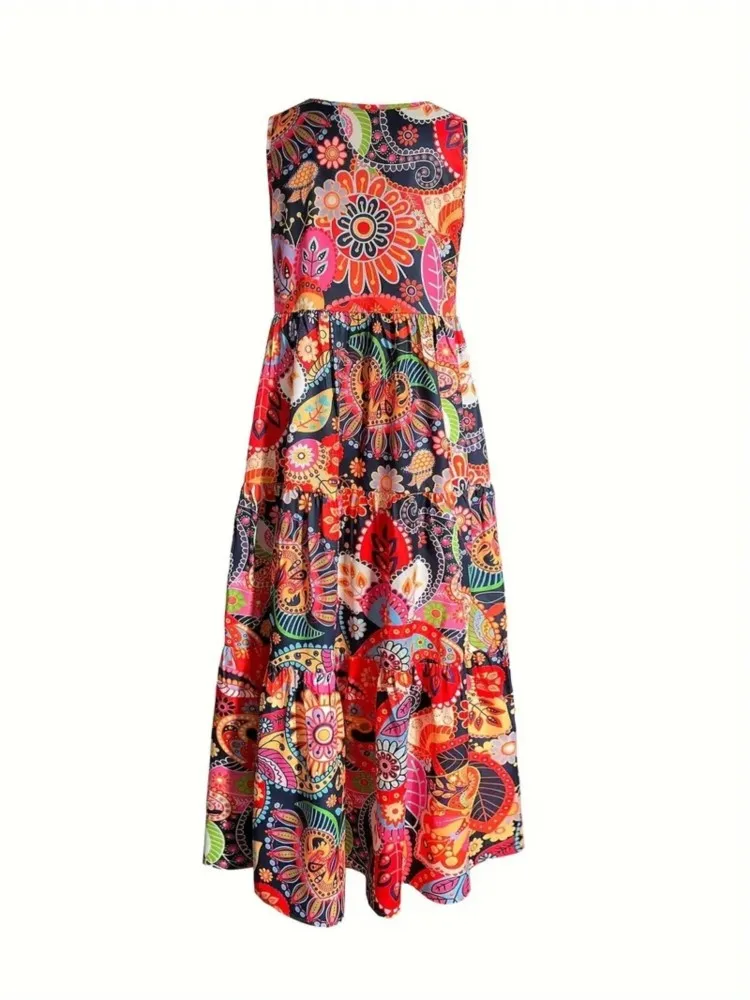 Summer Fashion New Floral Print  Maxi Dress For Women Casual V Neck Sleeveless Loose Dresse Femme Boho Holiday Womens Clothing