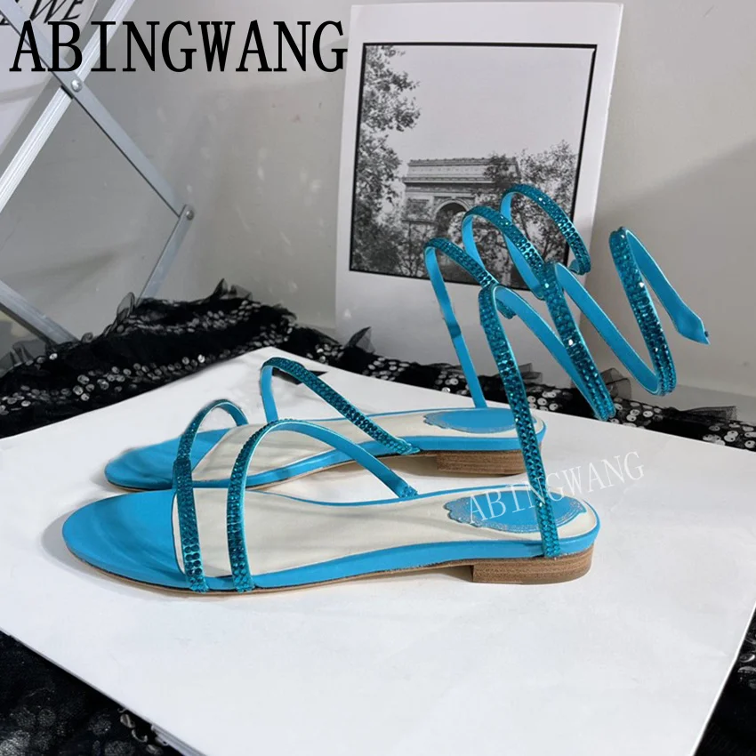 

2025 Casual Women Flat Heels Sandals Leather Ankle Strap Ladies Slides Summer Runway Shoes Dress Crystal Shoes For Women
