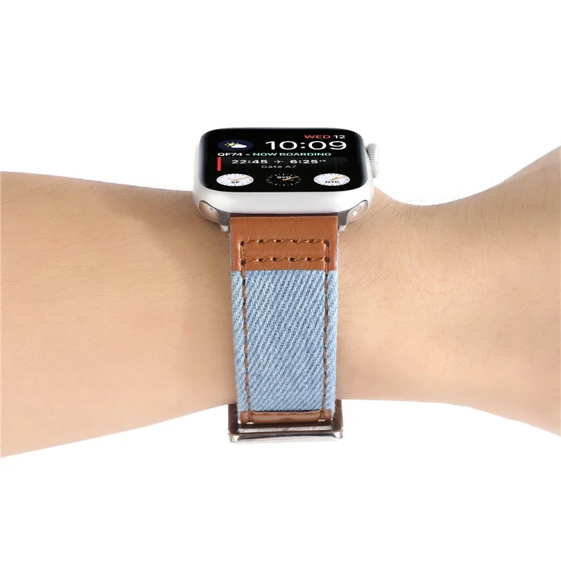 Denim Canvas + Genuine Leather Mixed Color Strap for Apple Watch Series 7/se/6/5/4/3/2/1 (41mm 45mm 42mm 38mm) fashionable