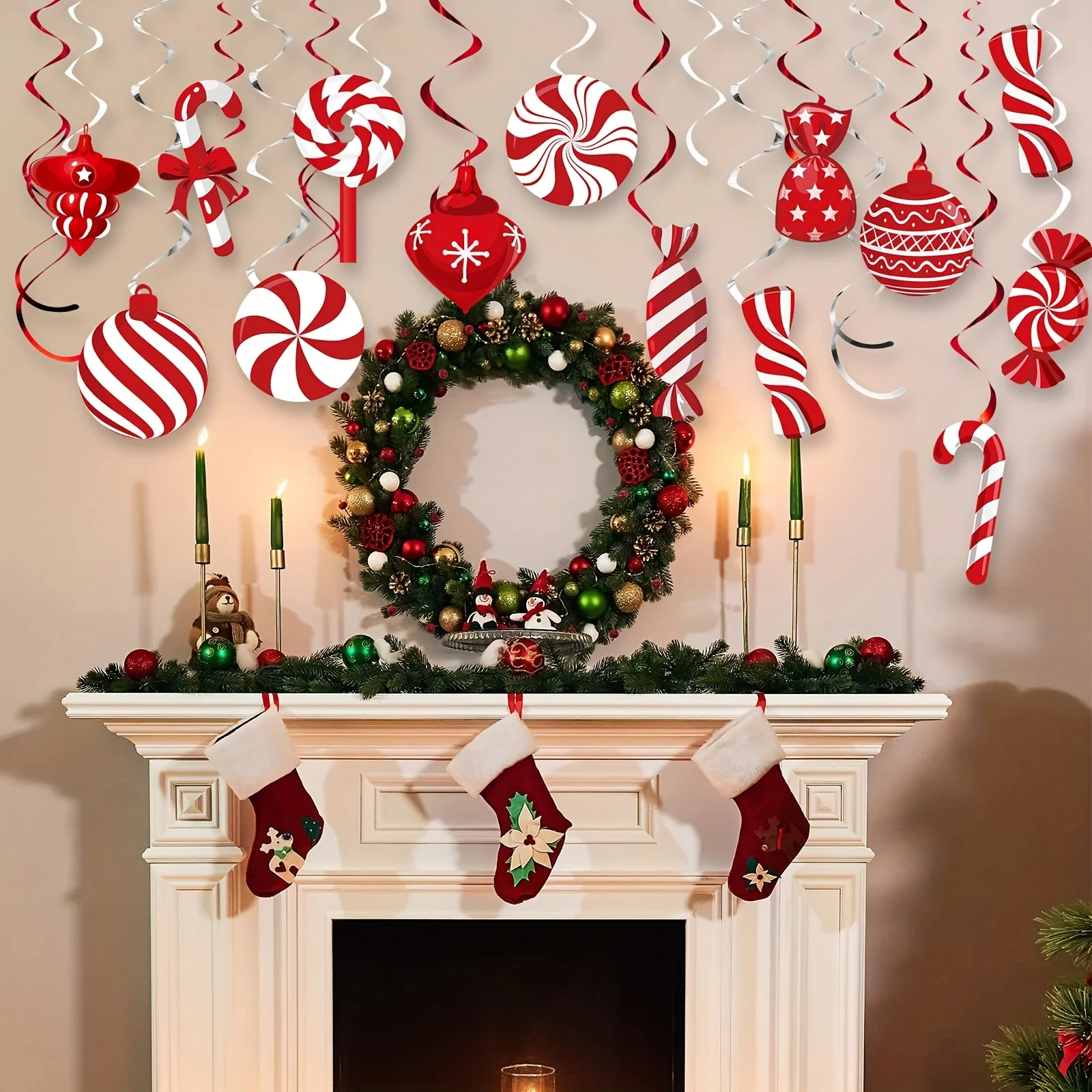 26pcs Set of Red And White Peppermint Candy Swirl Decorations – Festive Ceiling Streamers for Christmas Party Decoration