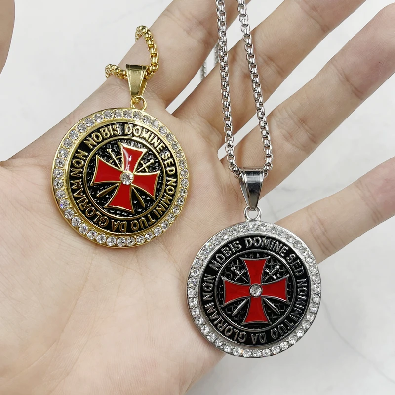 Hip hop Knights Templar Iron Cross Pendant Necklace Cubic Zirconia Stainless Steel Ordre du Temple for Male Men Rock Jewelry