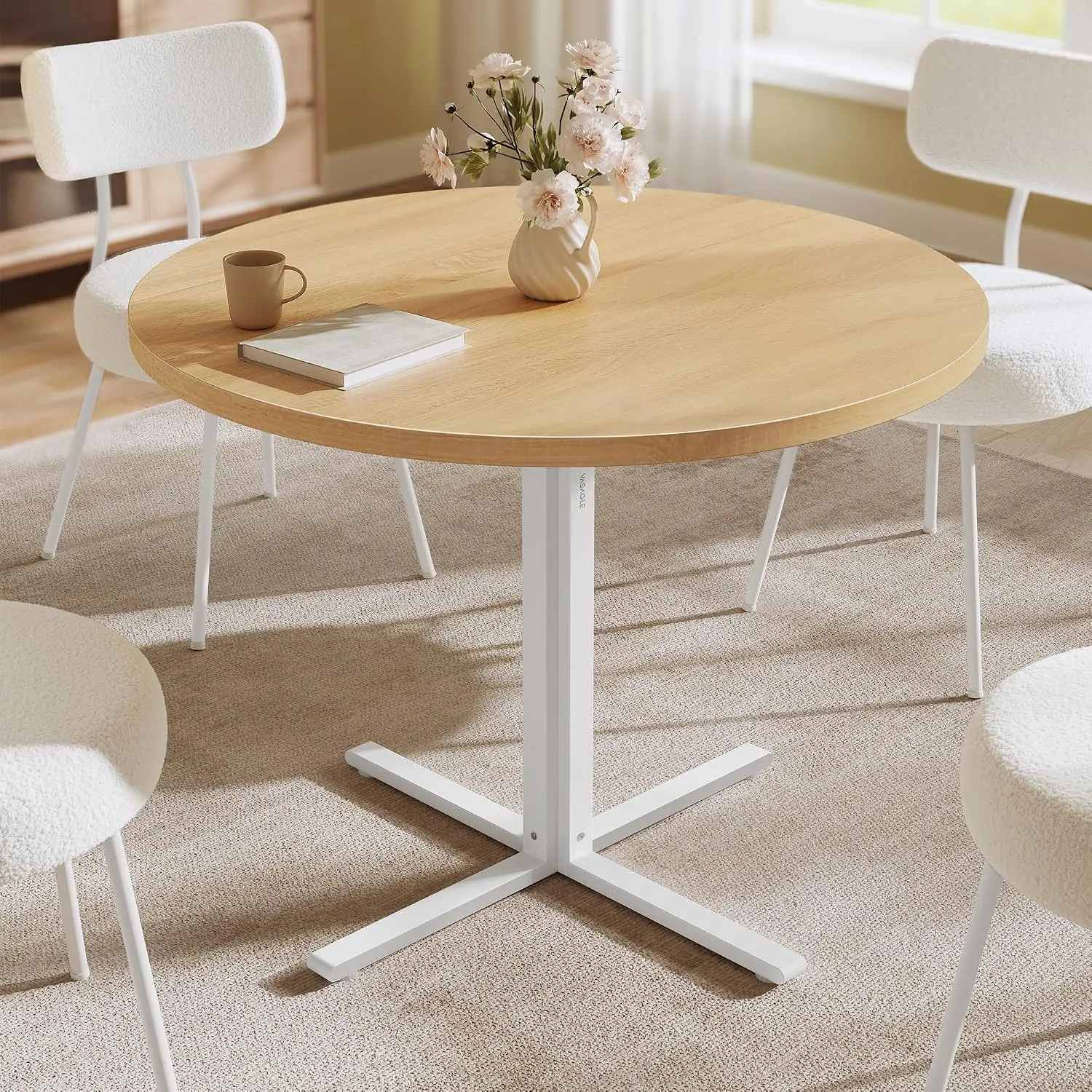 Dining Table, Small Round Kitchen Table for 4 People, 31.5 x 29.4 Inches, for Dining Room, Living Room, Farmhouse, Water-Resistant, Oka Beige UKDT082Y02