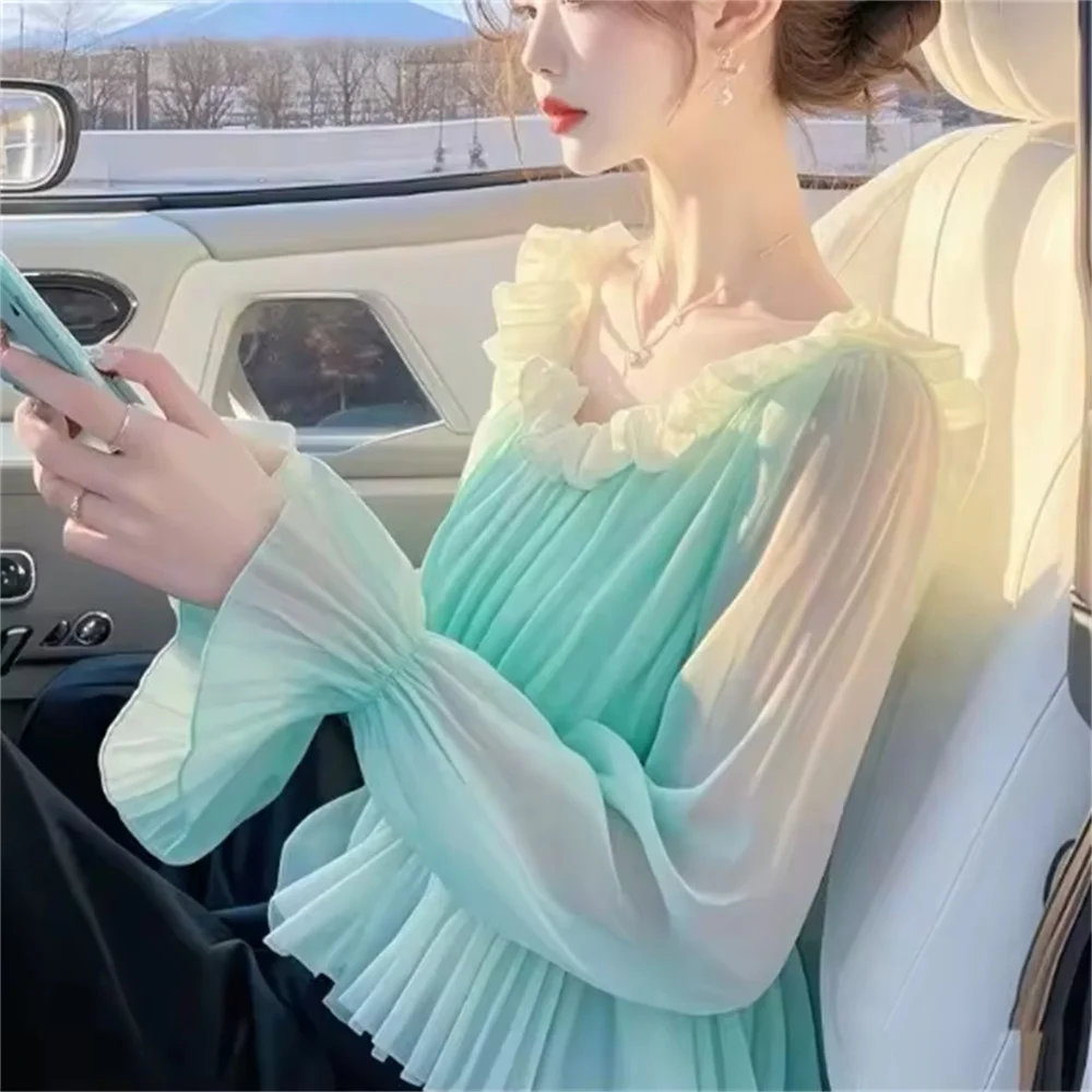 2025 Lente Zomer Nieuwe Vintage Patchwork Chiffon Blouse Damesmode Geplooide Flare Mouwen Dames Zoete Tops T-shirt