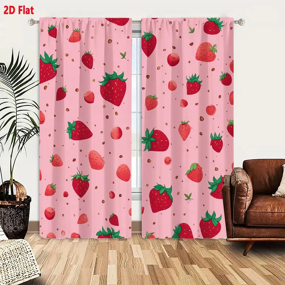 2Pcs Curtains 2D Flat Seamless Strawberry Pattern With Whole Slices And Leaves On Light Pink Background For Fabric Or Wallpaper