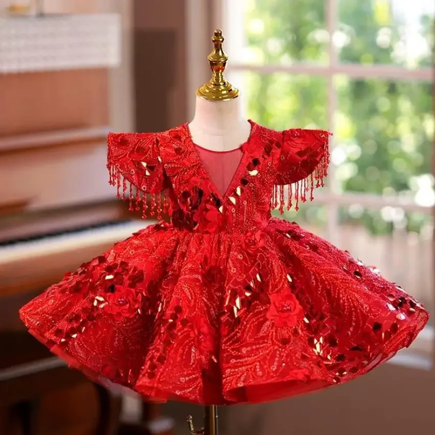 New Children's Red Evening Gown Host Piano Performance Wedding Birthday Girls Party Dresses A4192 Vestidos Bridesmaid Dresses