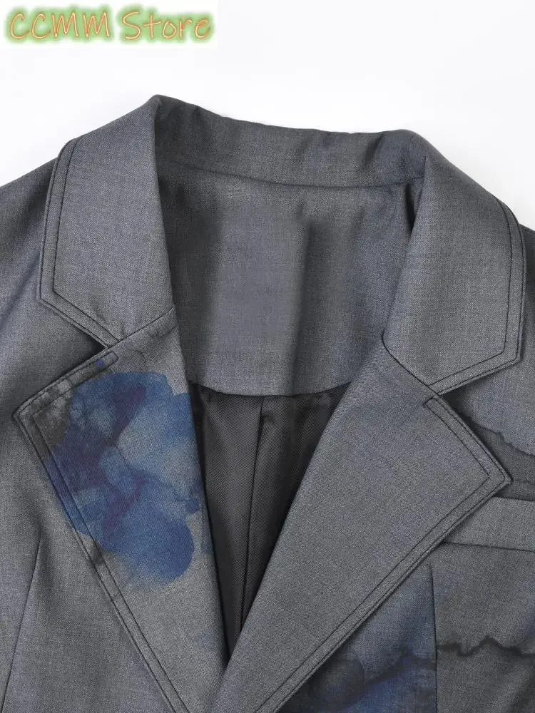 Women Gray Printed Irregular Pleated Blazer New Lapel Long Sleeve Loose Fit Jacket Fashion Tide Spring Autumn