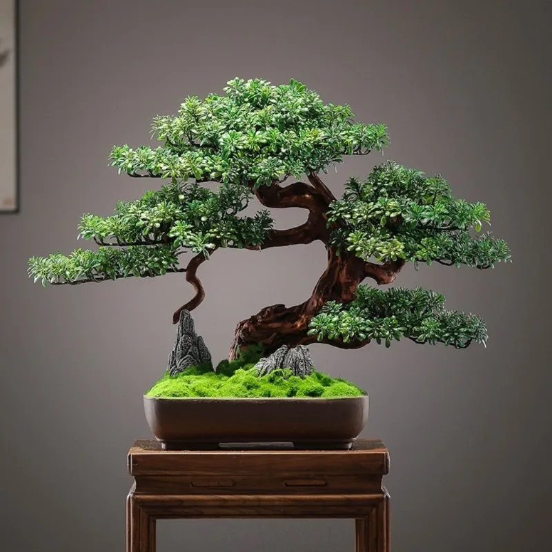 Simulated Luo Han pine welcome pine bonsai new Chinese Zen solid wood root carving entrance hall fake green plant decoration orn