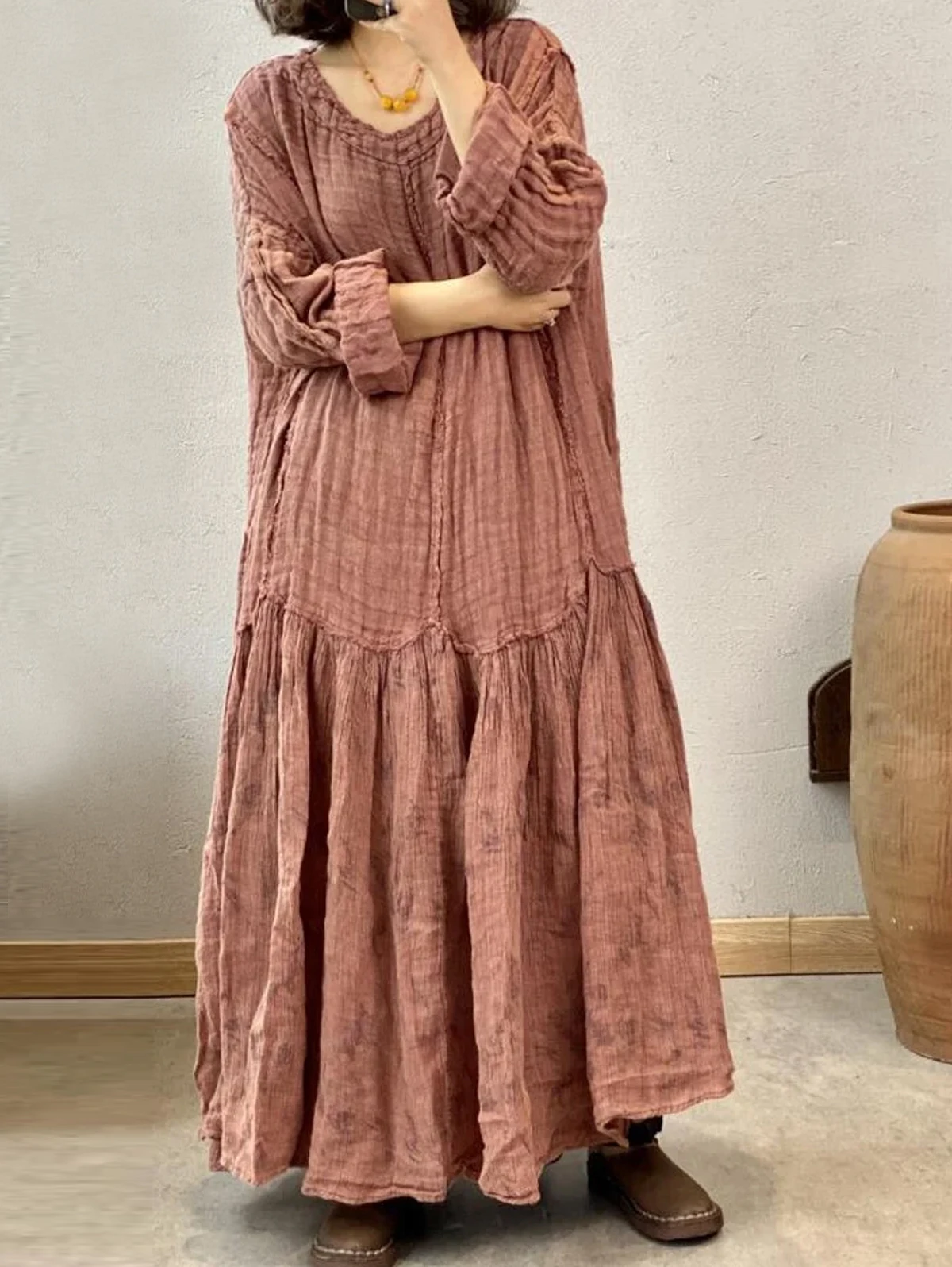 Summer Daily Long Dress Women O Neck Long Sleeve Maxi Vestido Elegant Folds Patchwork Raw Trim Loose Sundress Solid Robe Femme