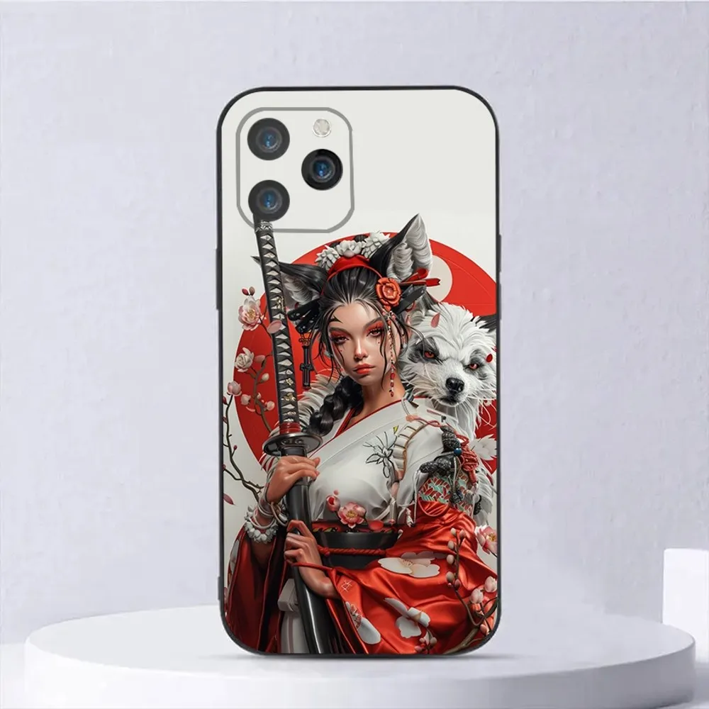 Japanese Samurai Geisha Phone Case For iPhone 15,14,13,12,11,Plus,Pro Max,XS,X,XR,SE,Mini,8,7 Soft Silicone Black Cover