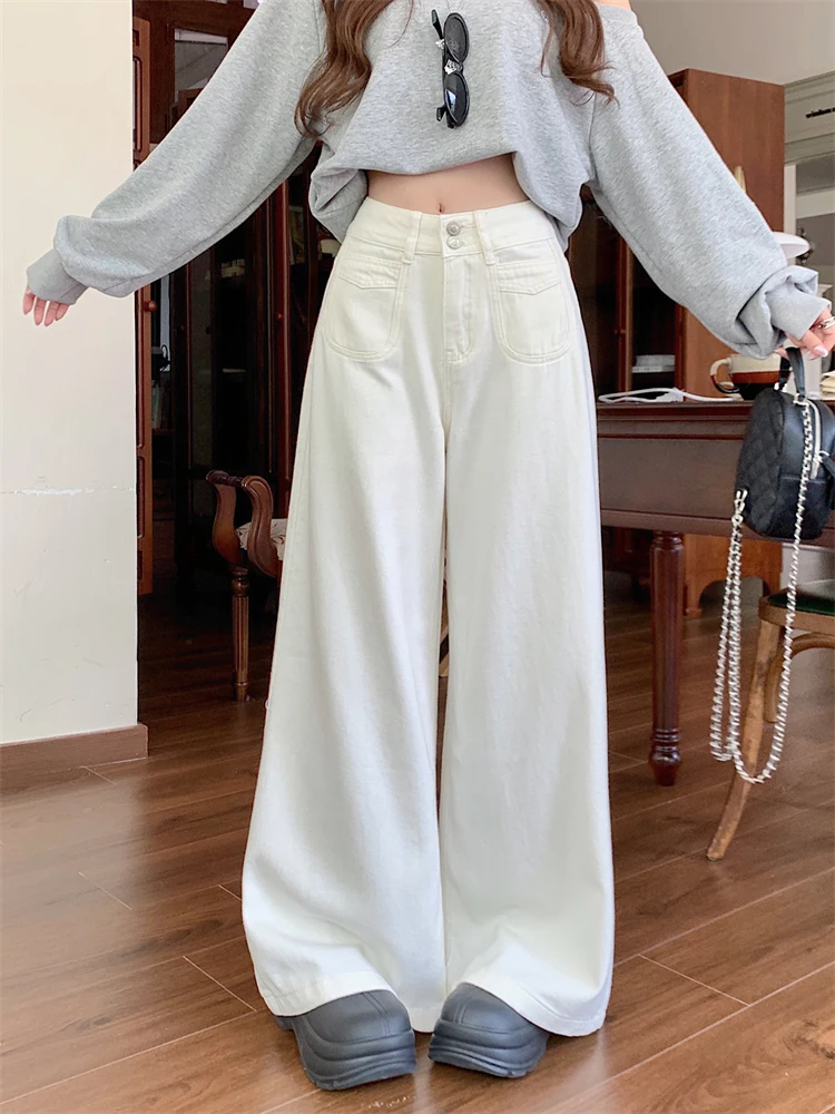 

Джинсы женские прямые с высокой талией, свободного кроя, модные, универсальные, стройнящие, длинные брюки, трендовые, на двух пуговицах, повседневные, джинсовые