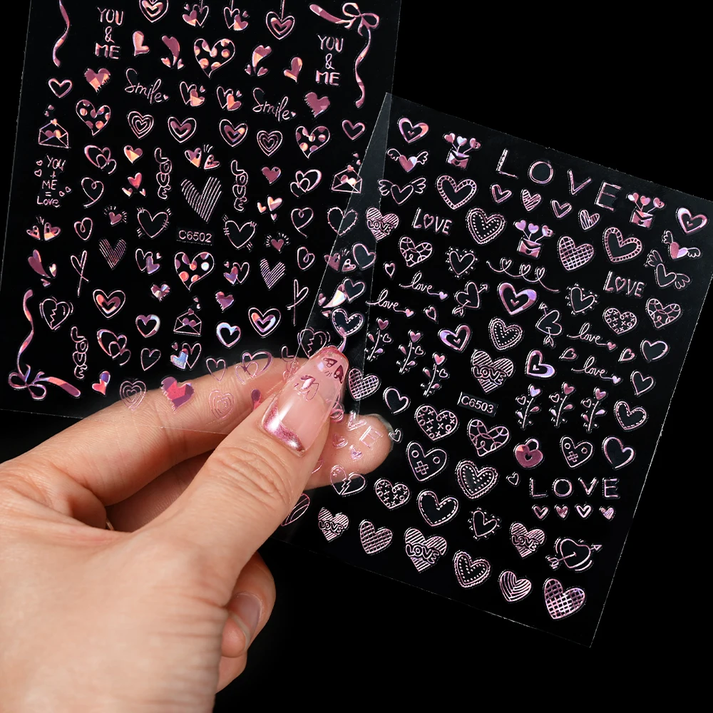 4Pcs Metallic Laser Pink  3D Heart Nail Stickers Self Adhesive Shiny Love-Heart  Decals 1*set Holographic Manicure Slider &*&