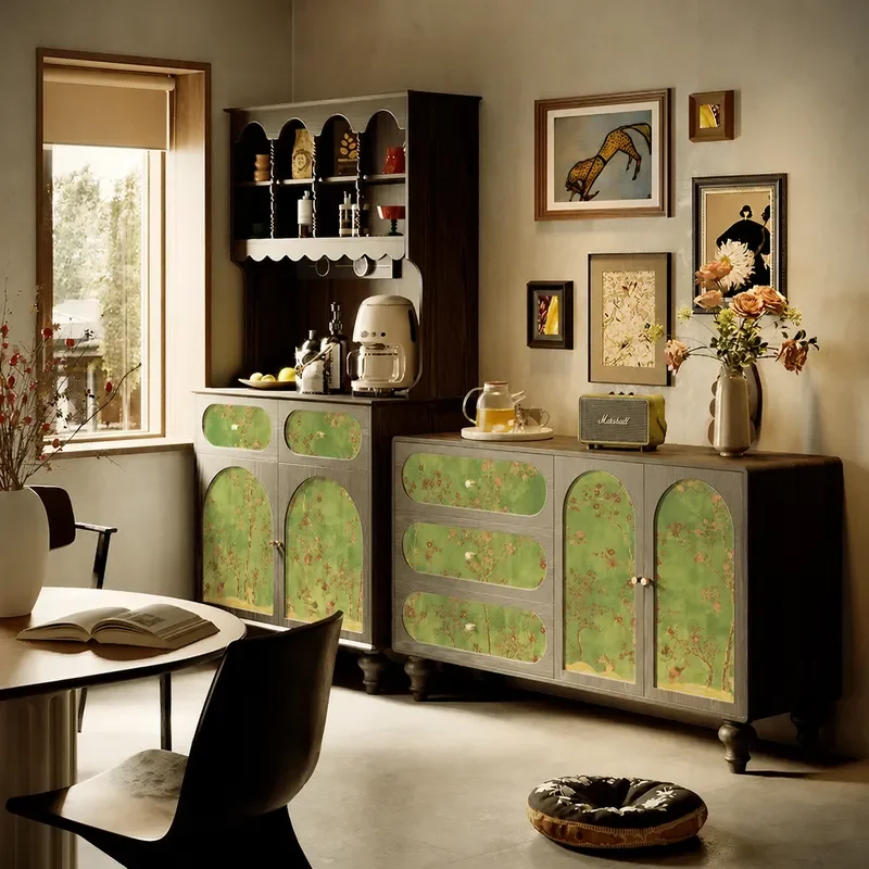 Green Retro Solid Wood Dining Side Cabinet Living Room Floral Bird Tea Storage Decorative Cabinet Bedroom Antique Locker
