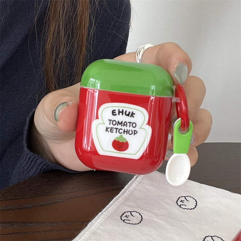INS Cute Tomato Sauce Ketchup Pattern Red Green Color Matching Earphone Case With Hook Cover For Airpods 1 2 3 4 Pro 2 Pro 3