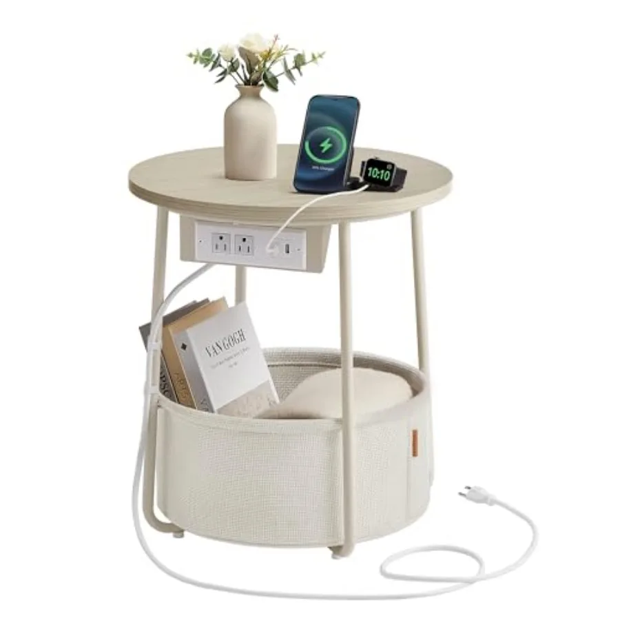 

LILEA Collection - Side Table with Charging Station Round End Table with Fabric Basket Nightstand with USB Ports for Living Roo