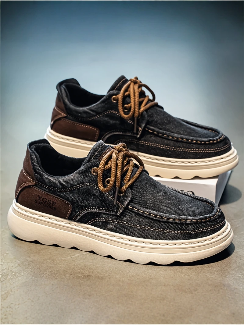 Men's Casual Canvas Shoes Breathable All-Season Wear Washed Denim Thick Bottom Anti-Slip Retro Low Top Sneakers