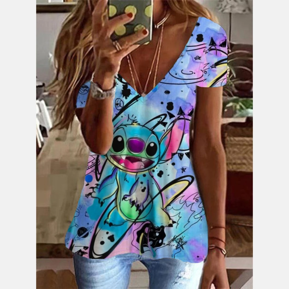 Fashion Disney Stitch print Casual V-neck Top Tee Shirt Women Black White T-shirtWomen T Shirt Harajuku Short Sleeves T shirts