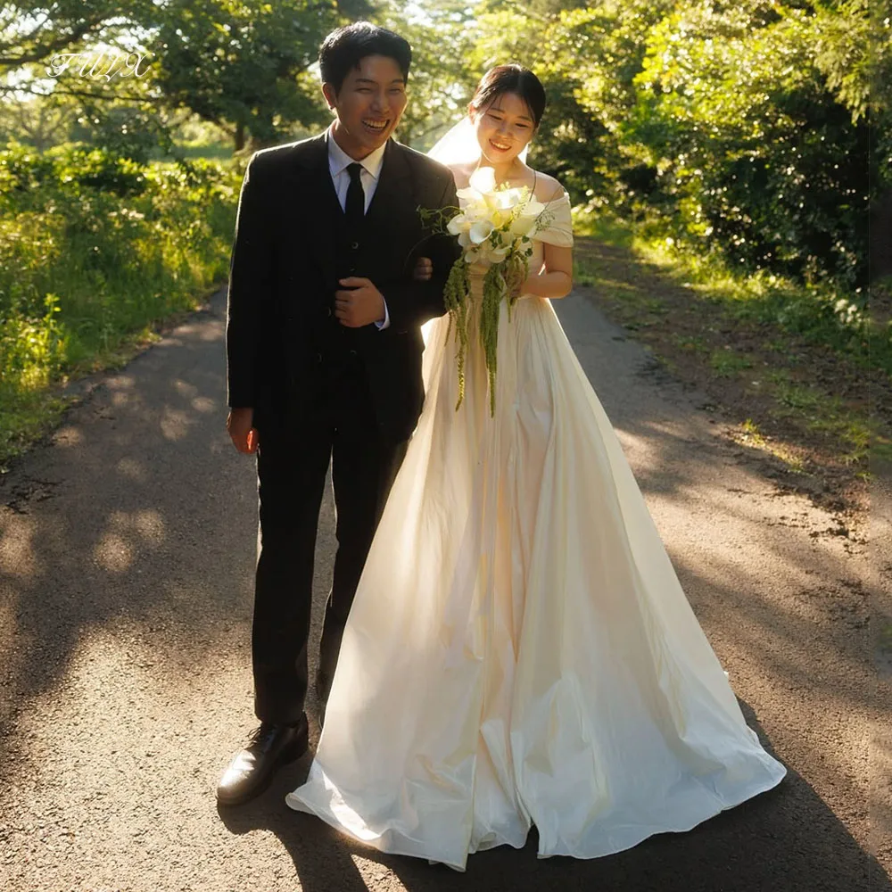 

TULX Simple Strapless Taffeta Wedding Photo Shoot Dress Detachable shawl A line Long Corset Korea Bridal Gowns 웨딩드레스 Customized