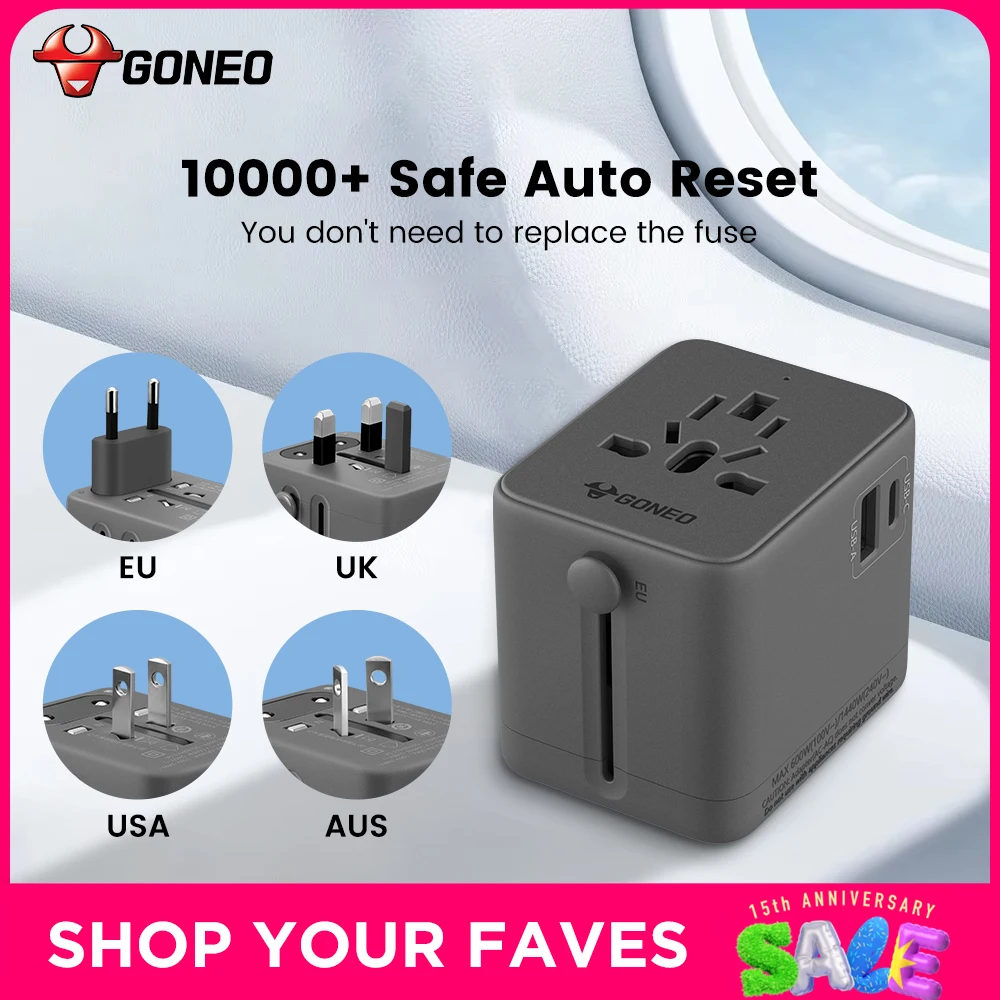 GONEO Safety Universal Travel Adapter with 1USB-C 1USB-A 2AC All in One Worldwide Plug EU US UK AUS CN JP Standard Adaptor