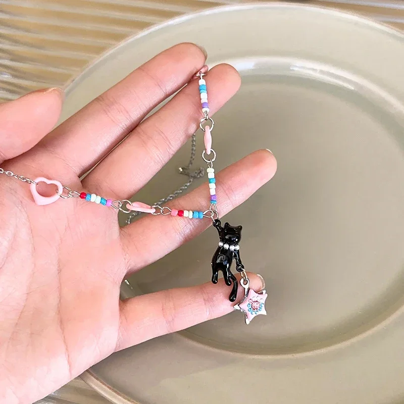Schwarze Katzen-Ketten-Halskette mit Sternanhänger für Damen, Y2K Trendige Herz-Choker-Halsketten, Süßer Modeschmuck, Hals-Accessoires