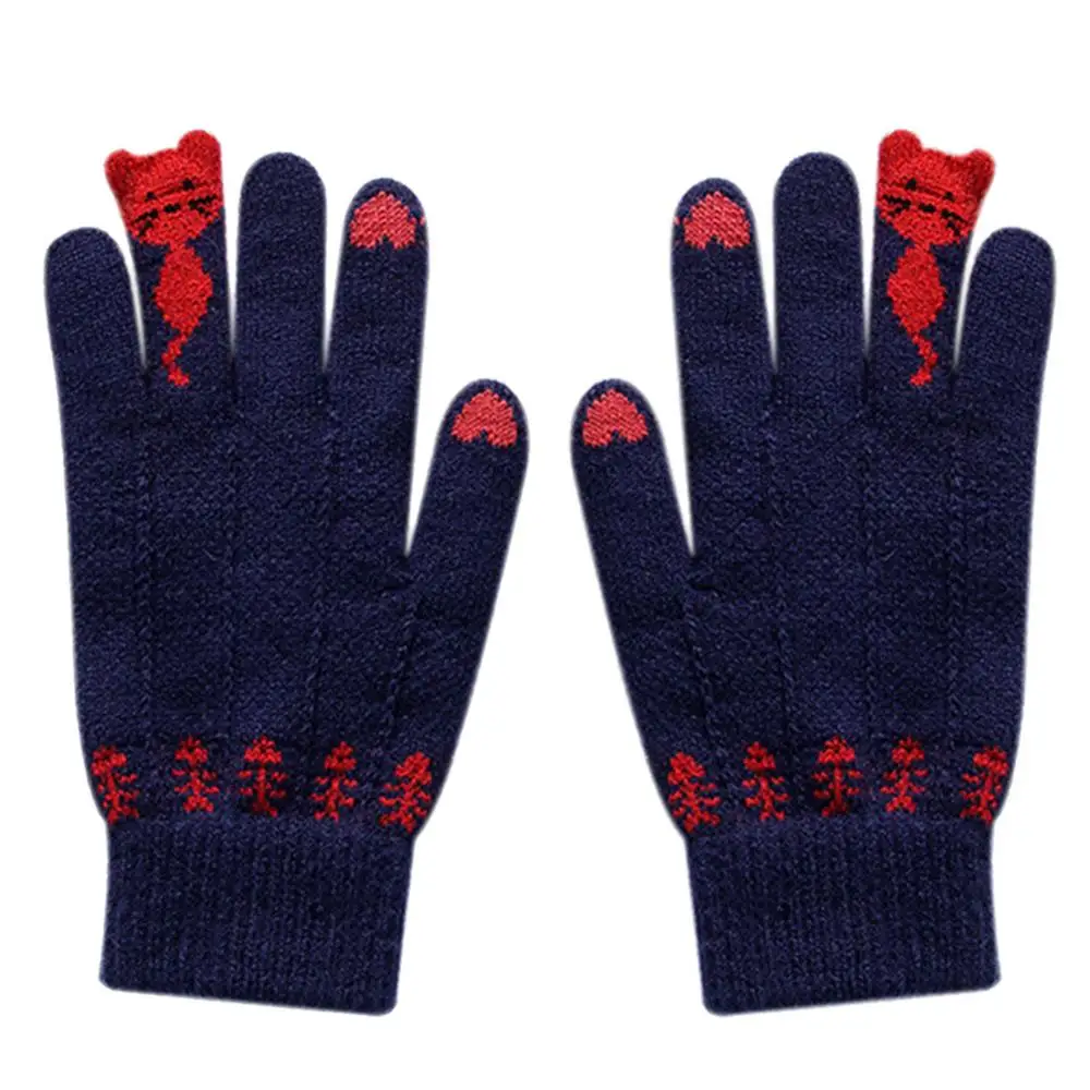 Guantes de invierno para mujeres y hombres, mitones de punto de dedo completo, lindos gatos de dibujos animados, pantalla táctil