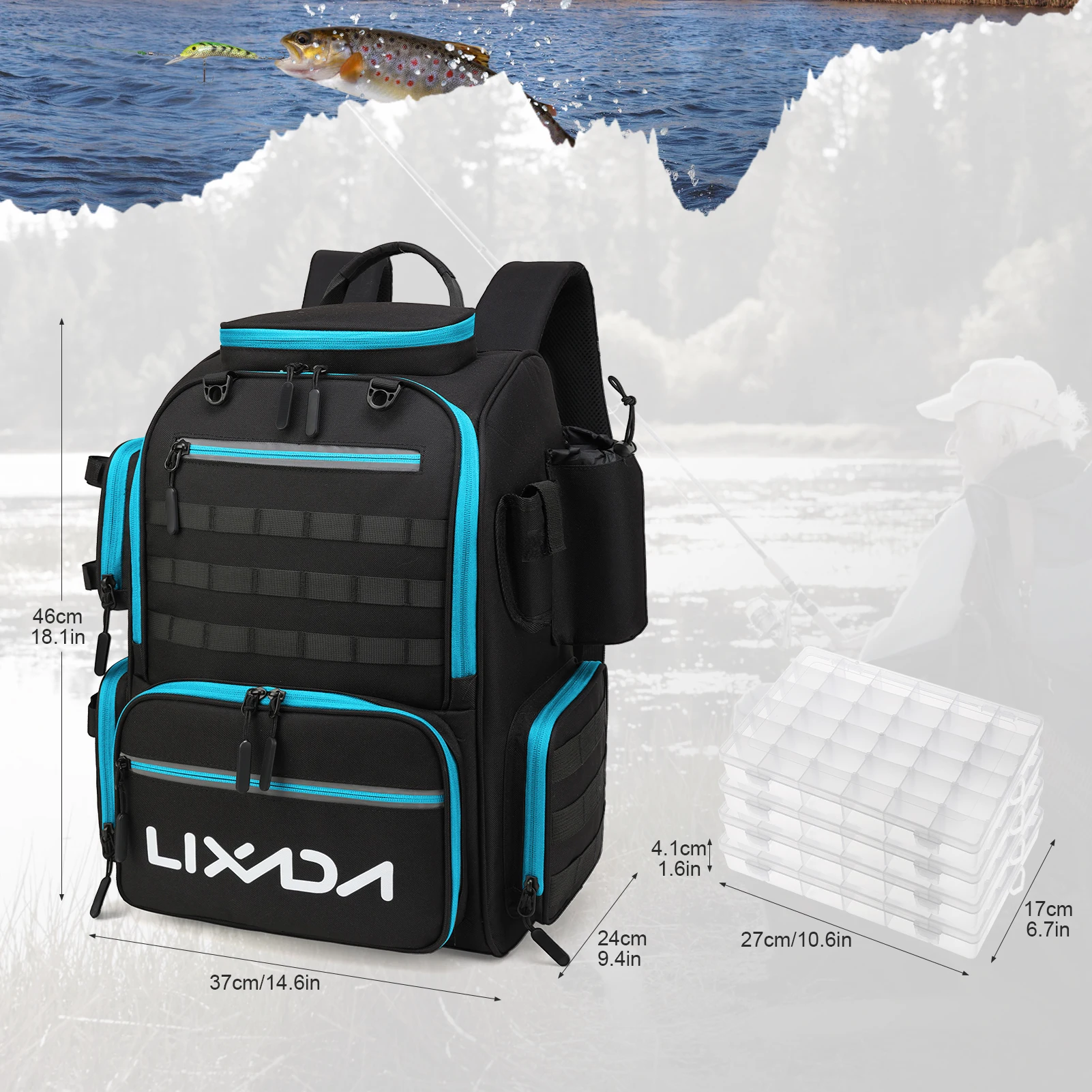 Lixada Fishing Backpack Large Capacity Fishing Bag Waterproof Fishing Tackle Storage Bag with 4 Trays and Rain Cover