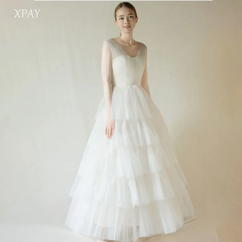 ชุดแต่งงานทรงเอไลน์คอวีแบบมีชั้น ผ้าไหมทูลล์ สไตล์เกาหลี หรูหรา สำหรับเจ้าสาว สามารถสั่งตัดได้ ถ่ายรูปได้ คอร์เซ็ท/ซิปด้านหลัง