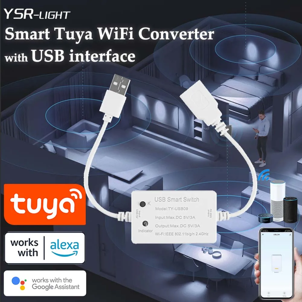 DC5V Tuya WiFi Converter Switch with Universal USB Interface Breaker Timer Support RF433  App/Voice Control for Alexa Google