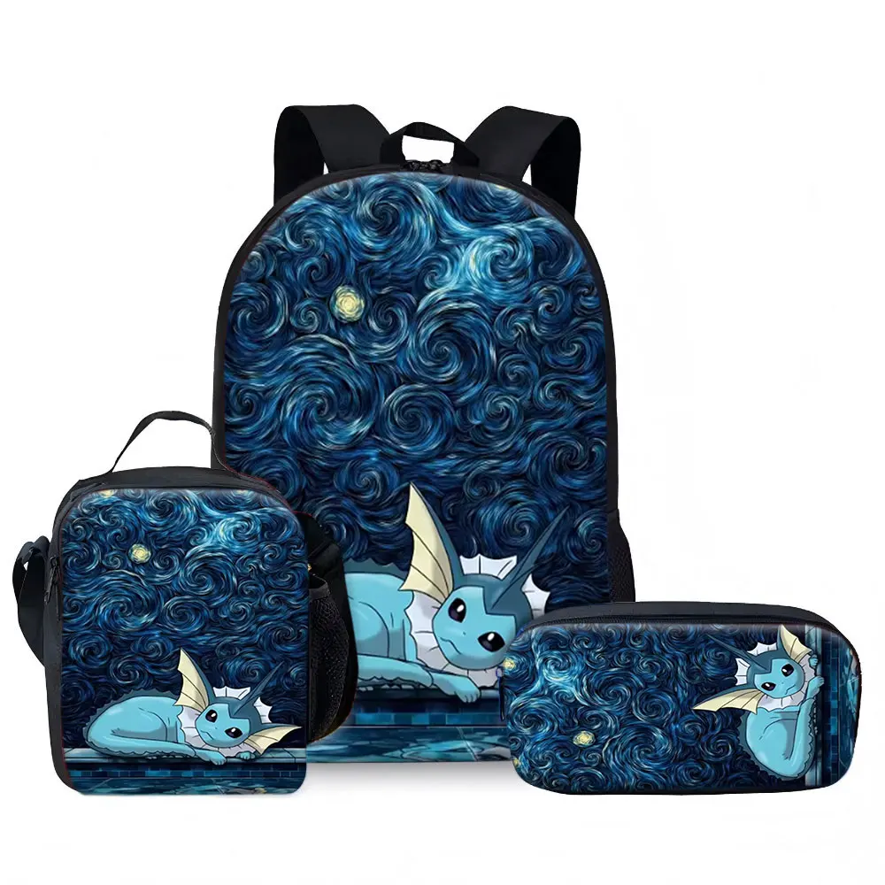 Kids Bag,Pokémon,Vaporeon 3pcs Backpack Set Starry Sky Oil Painting Canvas Print Breathable Travel Bag with Lunch Box Pencil