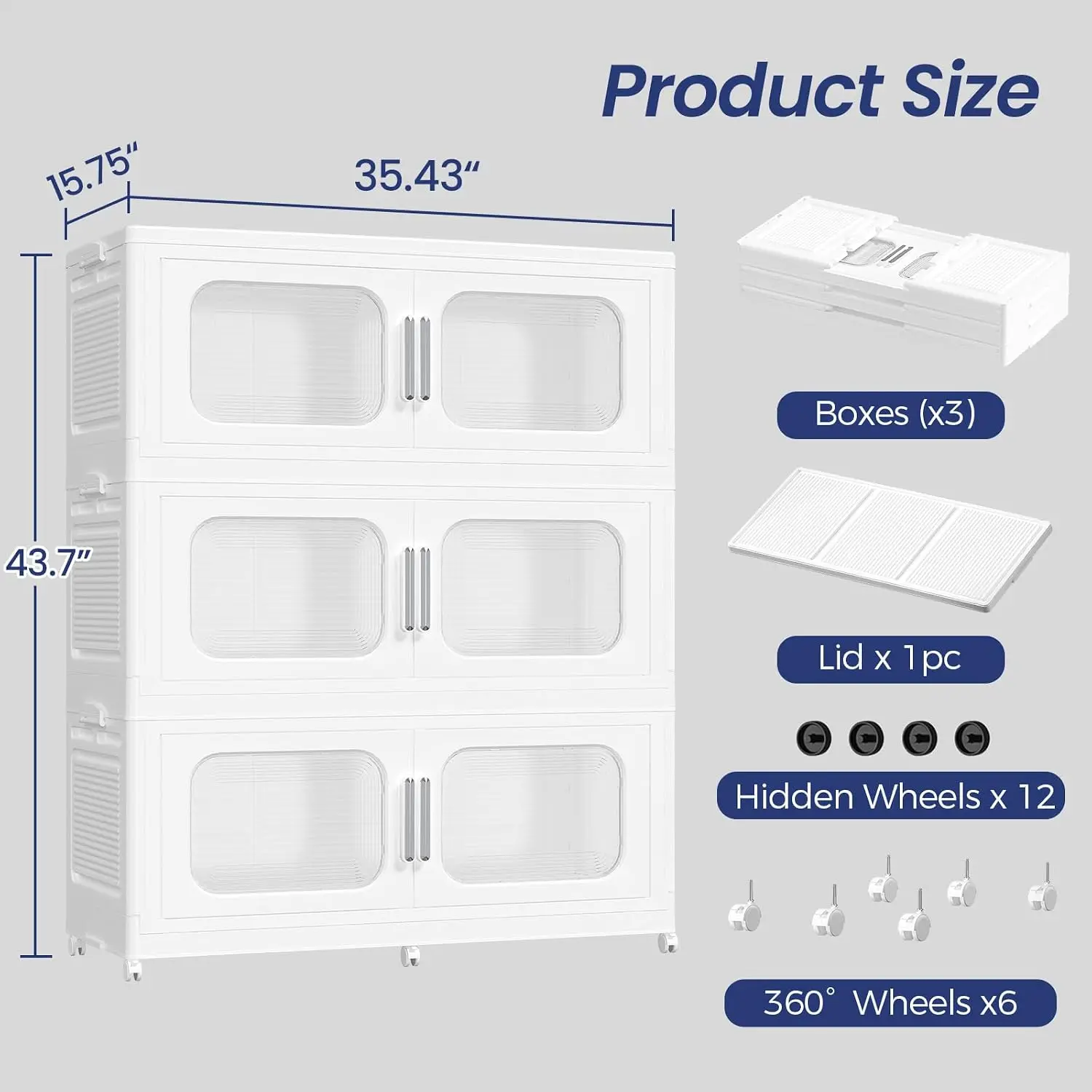 150Gal Stackable Storage Bins with Lid & Wheels, 3-Tier Collapsible Organizer for Home Kitchen Bedroom, Customized