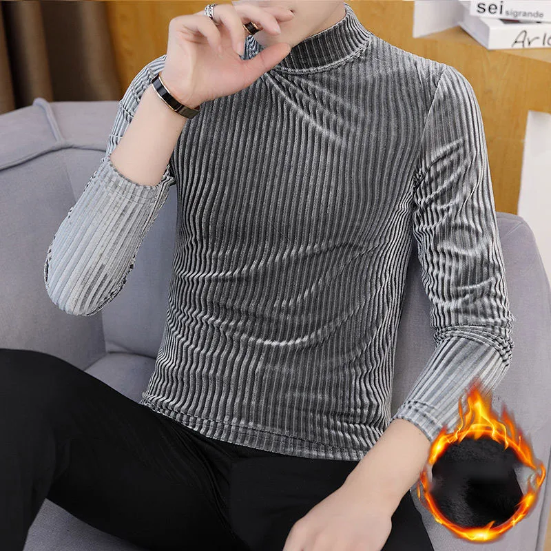 Men\'s Korean Solid Slim Turtleneck Pullovers T-shirt Autumn Winter Male Clothes High Quality Casual All-match Long Sleeve Tops