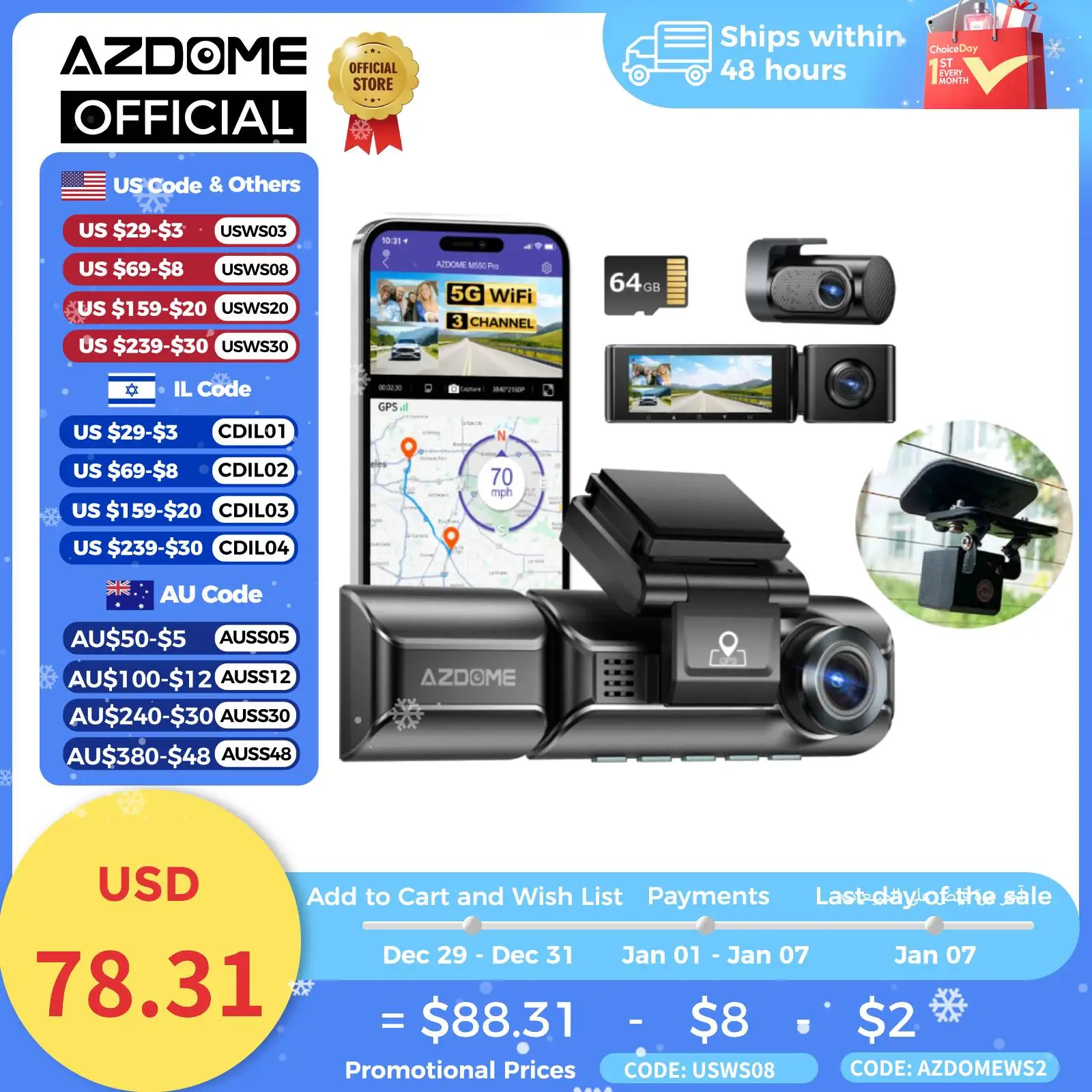 AZDOME M550 Pro 4K Dash Cam with Rear Camera Holder 5.8Ghz WiFi GPS 150FOV 24H Parking Monitor Car DVR 2/3-Channel Route Trackin