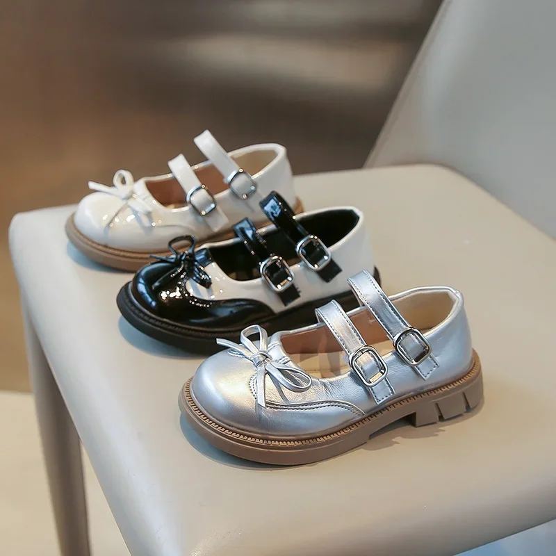 

Kids Flats Versatile Simple Bows Girls Princess Shoes Round Toes 2025 Brand New Children Leather Shoes Casual Double Hook&loop