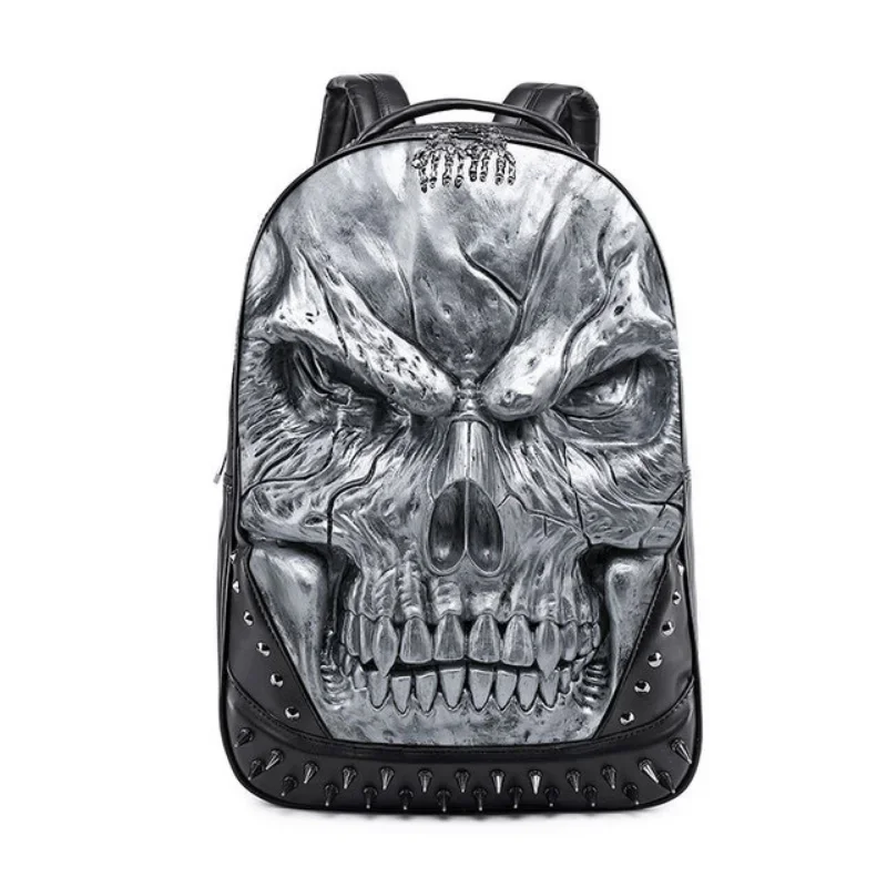 Black Metal 3D Stereo Skull Backpack,Rivet Punk Students school bags PU Waterproof Silicone Embossed Ghost Head Knapsack