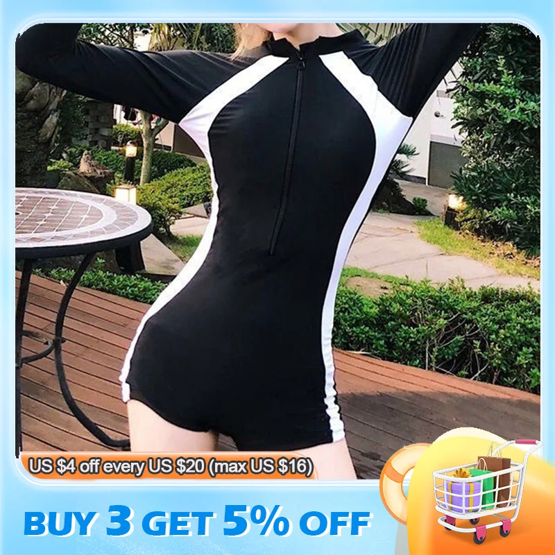 

New Sports One-piece Swimsuit Women Conservative Hot Spring Vacation Swimsuit Long and Short Sleeve Adult Swimsuit Women