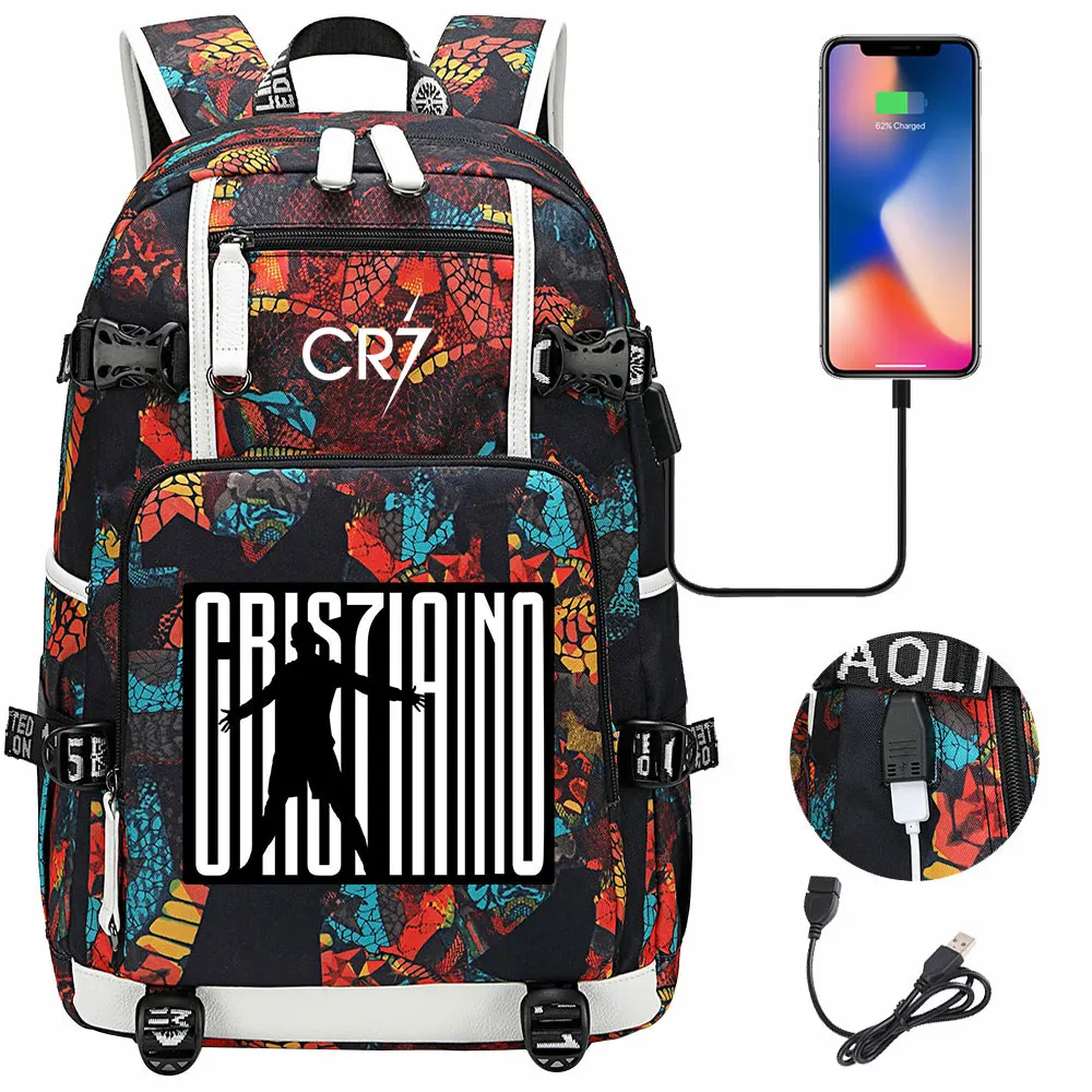 Mochila de camuflaje CR7 USB ligera para ordenador portátil, bolsa de viaje informal para jóvenes, bolsa de deporte al aire libre para adolescentes,