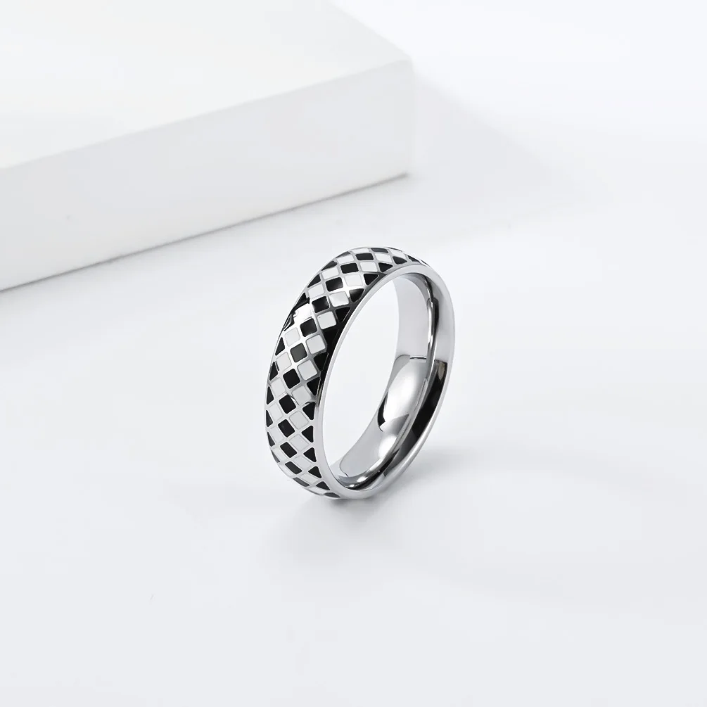 Women's Stainless Steel Black And White Checkerboard Ring with Gold Drip Diamond Square Design Fashionable Accessory