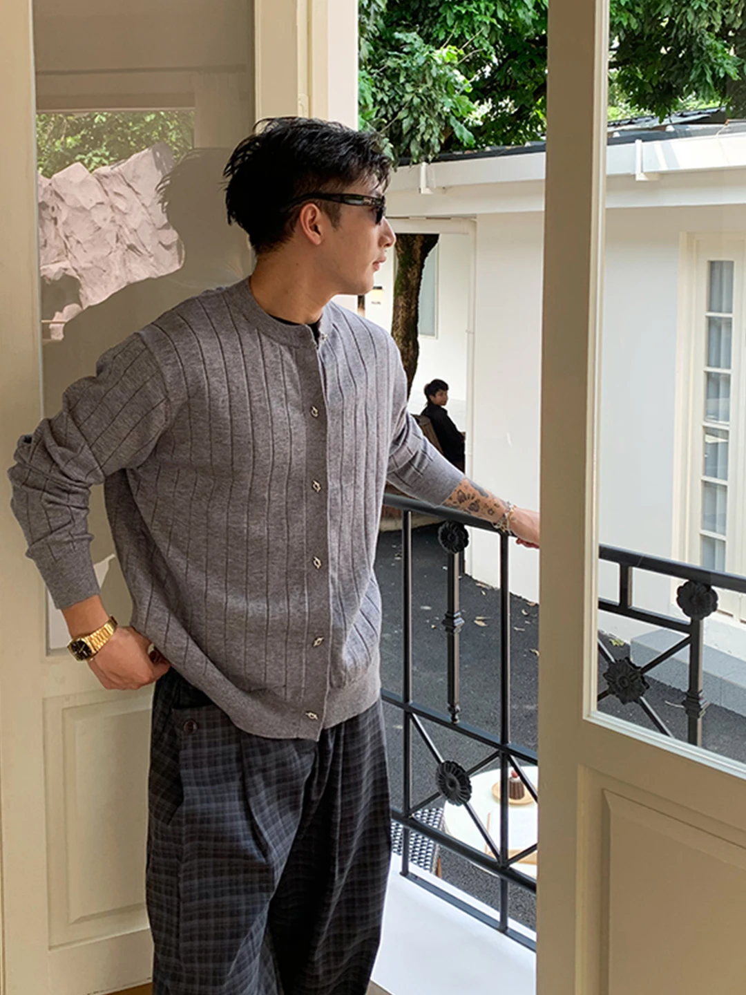 

Мужской повседневный вязаный кардиган-свитер с полосатым узором, приталенный крой, весна-осень, удобный, дышащий, теплый, с круглым вырезом