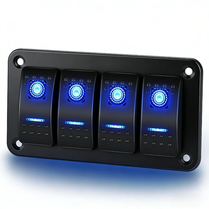 

Waywe 4-Gang Aluminum Rocker Switch Panel 5-Pin Pre-Wired ON/Off Blue Backlit for Car Marine Boat RV