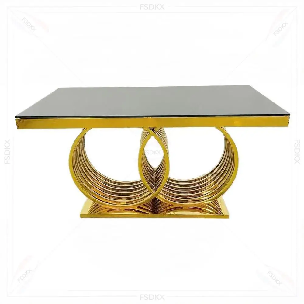 

FSDKX Wedding Supplies Gold Stainless Steel Legs Table with Glass Top High Quality Rectangle Wedding Hotel Tables