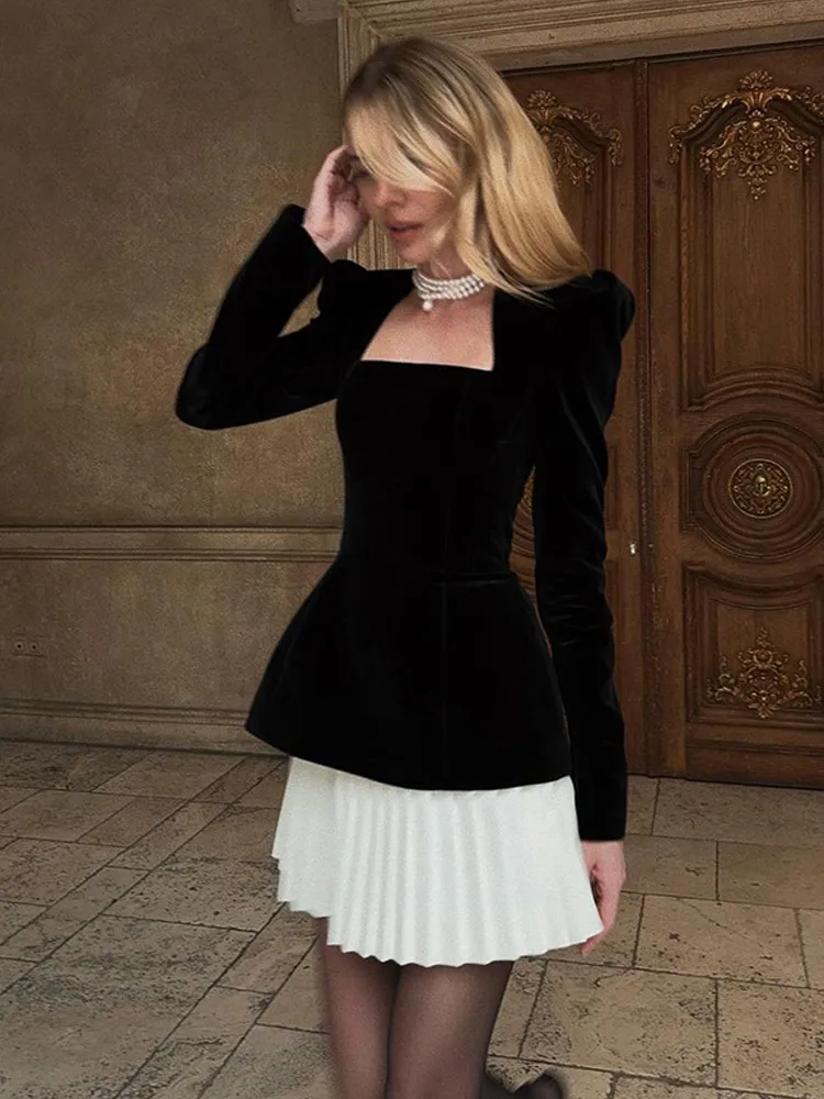 Women Black White Contrast Patchwork Pleated Mini Dress Fashion Ruffled Long Sleeve Square Neck Short Robe Elegant Prom Gown