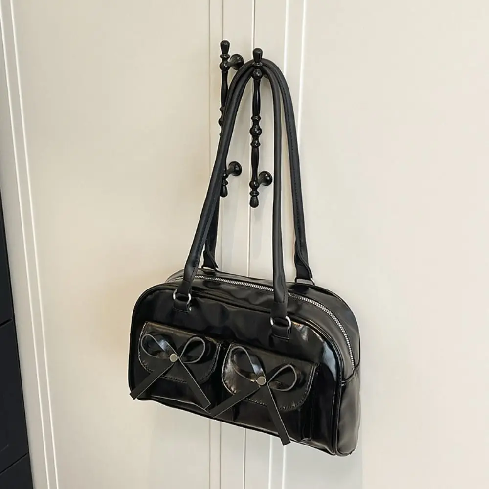 

French Style Bow Ribbons Bowling Bag Elegant PU Leather Boston Shoulder Bag Large Capacity Casual Women Handbags Underarm Bag