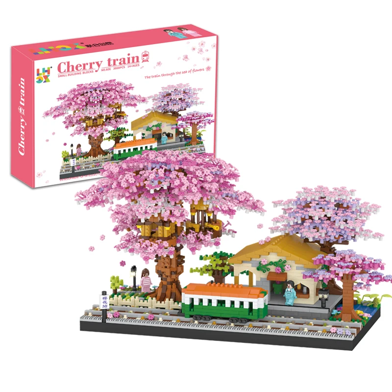 Mini ensemble de construction, blocs de construction, bonsaï, maison dans l'arbre, support d'arbre Sakura, ornements roses, jouet de décoration pour enfants