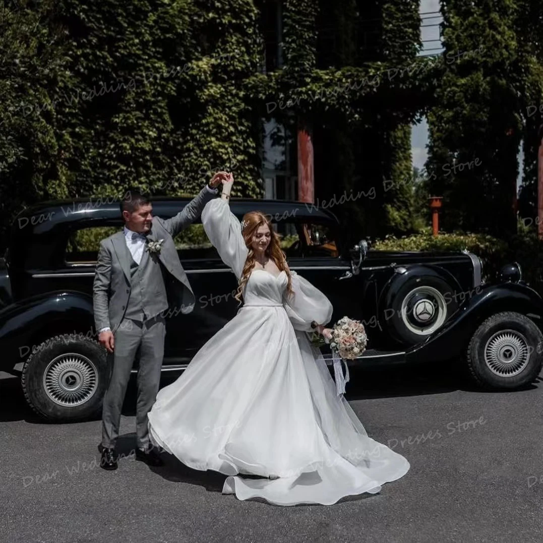 Robe de mariée en tulle à manches bouffantes pour femme, robe trapèze, élégante, moelleuse, pour les patients