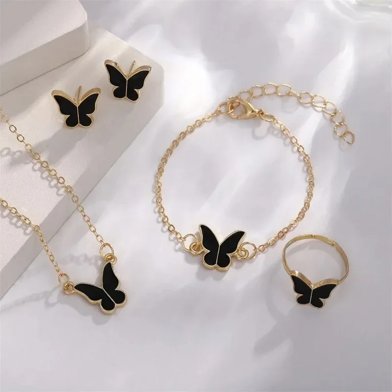 4pcs Sets Butterfly Jewelry Crystal Acrylic Romantic Bracelet Ring Necklace Earring Set for Women Wedding Dinner Dress Gifts